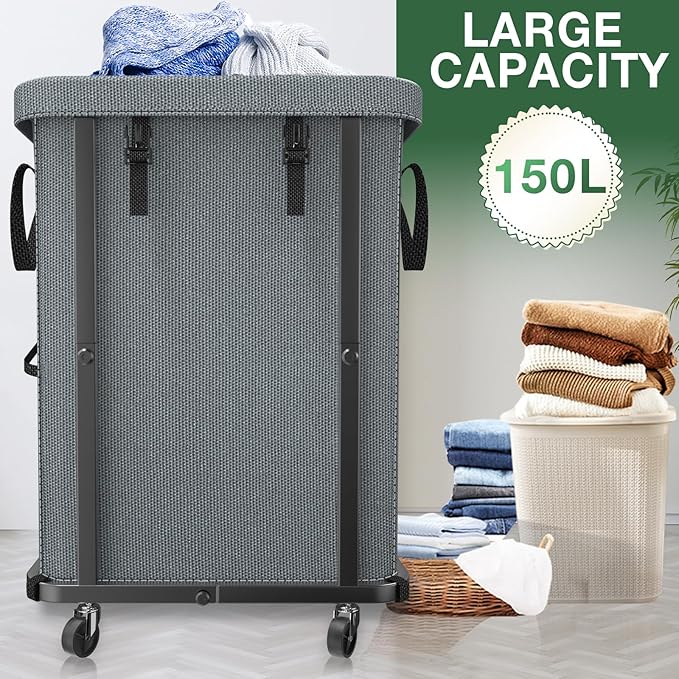 Laundry Hamper with Lid,150L Rolling Laundry Basket with Wheels,Grey | Dirty Clothes Hamper with Metal Frame and Removable Bag Design,Large Rolling Hampers for Laundry Room, Bedroom,Dorm