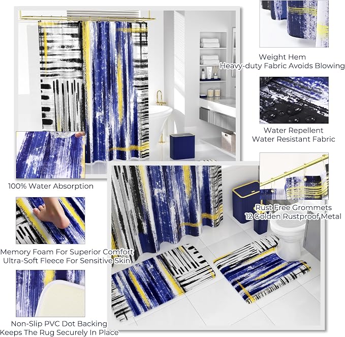 Bathroom Set - Bathroom Accessory Set, Navy Blue Bathroom Set, 26PC Bathroom Sets with Shower Curtain and Rugs, Toilet Brush, Trash Can, Qtip Holder & Bathroom Soap Dispenser Set