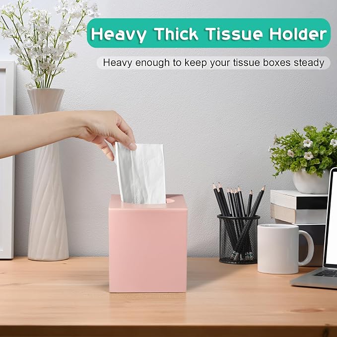 Pink Tissue Box Cover Square - Wood Tissue Box Holder for Tabletop Night Stands Bathroom Office - Decorative Facial Cube Tissue Box Dispenser