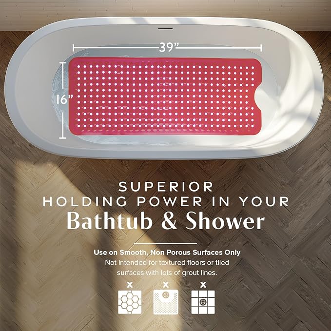 SlipX Solutions 39"x16" Power Grip Non Slip Bathtub Shower Mat, Red | Stronger Wet Surface Protection, Soft Under Foot, 265+ Suction Cups, Large Drainage Holes