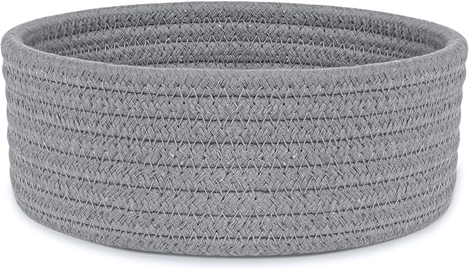 ABenkle Small Woven Basket, Empty Tiny Shallow Storage Basket, Mini Cotton Rope Baskets, Round Decorative Hamper, Basket Storage Bins for Toys, Spa, Socks, Nursery, Living Room- Grey