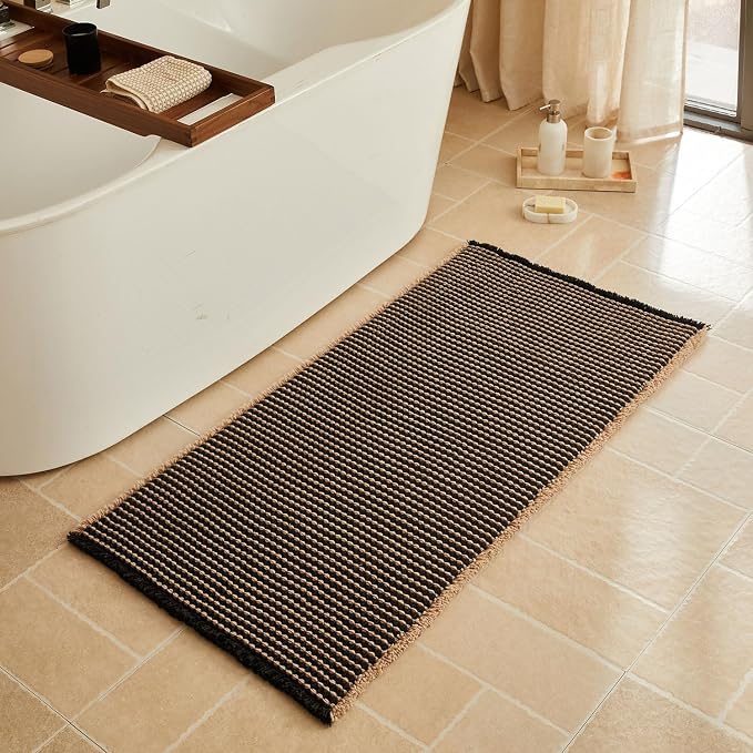 Triohero Waffle Bath Mat, Boho Bathroom Rugs Non Slip Washable, Ultra Soft Super Absorbent Quick Dry Farmhouse Bathroom Decor, 24" x 48", Black & Khaki
