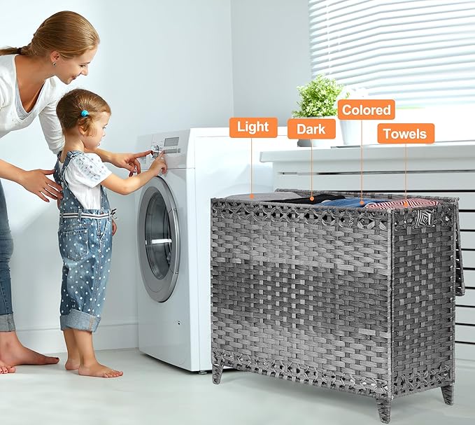 Laundry Hamper with 4 Removable Liner Bags, 176L Laundry Sorter with Lid | Raised Feet; Side Carry Handles; Handwoven PP Rattan; Rust-Resistant Iron Frame; Decorative Woven Design