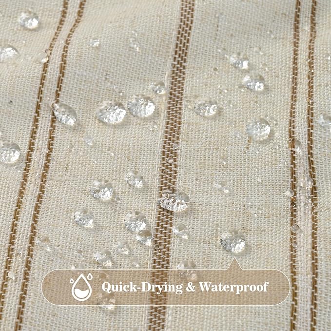 Yinhua Farmhouse Linen Shower Curtain with Ruffle, Vintage Striped Long Shower Curtains Set for Bathroom, Tan Waterproof Bath Curtain with 12 Metal Hooks, Heavy Duty Washable Cloth, 72" W x 84" L