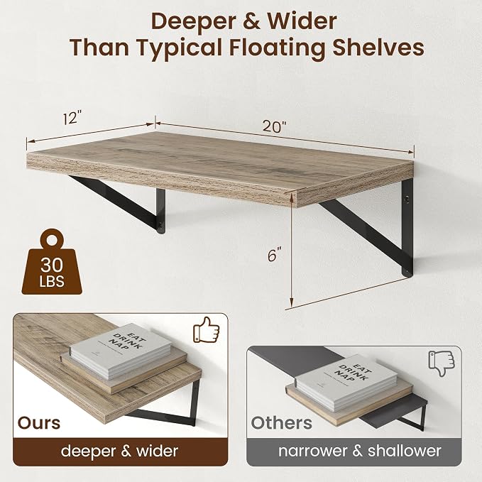 Deep Floating Shelves - 20 Inch Floating Shelves Set of 2-12 Inch Deep Grey Wall Shelves for Living Room Bathroom Kitchen