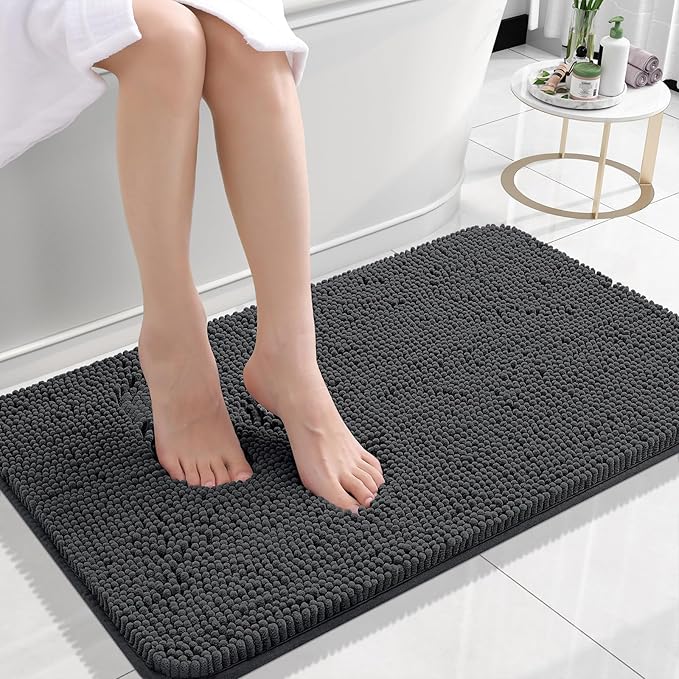 OLANLY Small Bathroom Rugs 24x16, Extra Soft Absorbent Chenille Bath Rugs | Dark Grey, Quick-Drying Rubber Backing, Machine Washable Bath Mat for Bathroom Floor, Tub and Shower, Home Decor Accessories