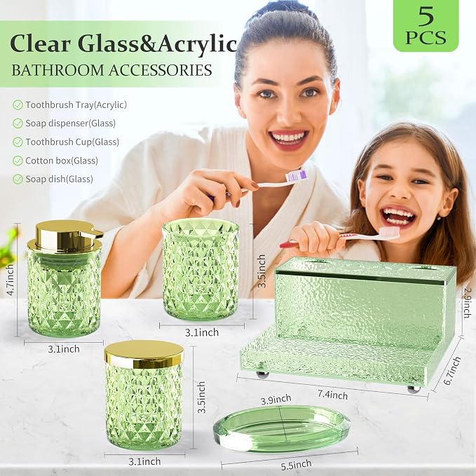 Glass Bathroom Accessories Set 5Pcs Crystal Green - Foaming Soap Dispenser, Soap Dish, Cup, Acrylic Toothbrush Holder with Tray Organizer, Cotton Swab Jar, Bathroom Counter Set Sink Decor
