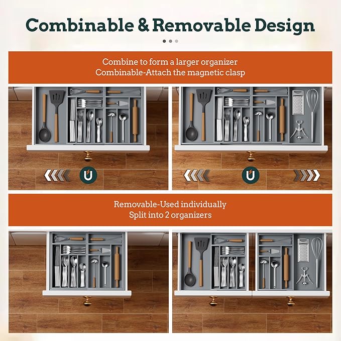 Magnetic Expandable Silverware Drawer Organizer, 13 Slots Utensil Gray | Magnetic Connected, Expandable 21-37.4 Inch, 13 Divided Slots, Gray Cutlery Utensil Organize Kitchen