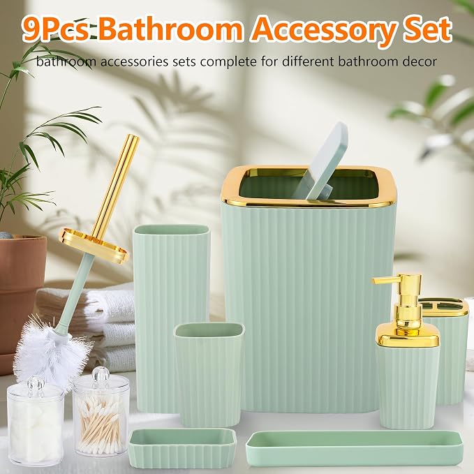 9 PCS Green Bathroom Accessories Set with Trash Can Bathroom Accessory | All-in-One Kit with Trash Can,Toothbrush Holder,Soap Dispenser,Toothbrush Cup,Vanity Tray,Soap Dish,Toilet Brush etc for Home