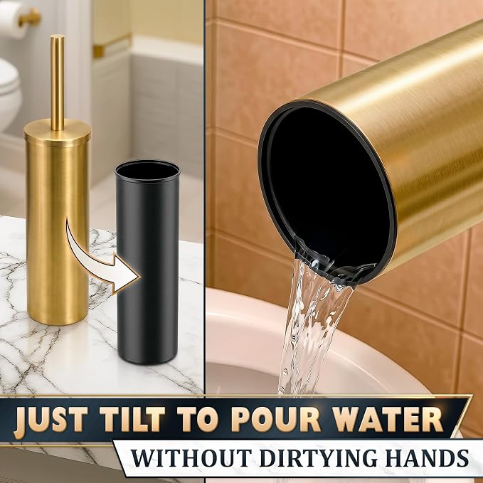 Toilet Bowl Brush with Holder, Stainless Steel Material, Replaceable Head | Gold Toilet Brush and Holder Set, Splash Protection & Dense Bristles for Bathroom Cleaning, Corrosion & Scratch Resistant