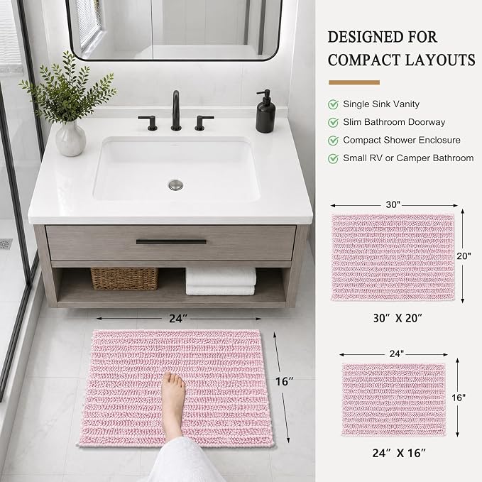 Arotive Bathroom Rugs Mat 24x16, Soft Absorbent Chenille Shaggy Bath Mat | Pink, Machine Wash Dry, Bath Rugs for Bathroom Floor, Tub and Shower, Home Decor Accessories
