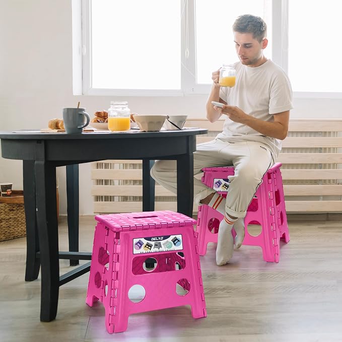 Delxo Folding Step Stool 13 Inch,300 Lbs Step Stool for Adults Pink | Foldable Step Stool 13",Non-Slip Foot Stools with Handle,Lightweight Collapsible stools for Kitchen,Bathroom,Bedroom,Garden