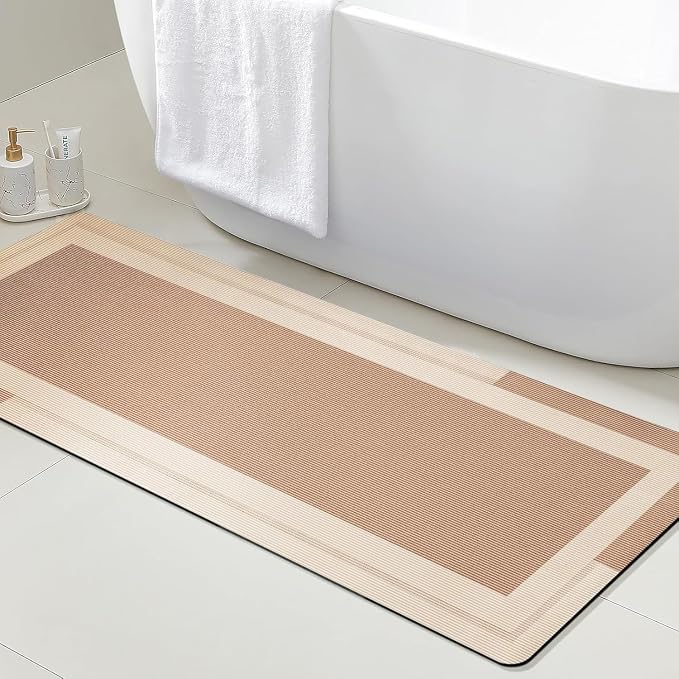 Non Slip Bath Mat, Thin Bathroom Rugs Fit Under Door, Quick Dry Bath Mats, Machine Washable Bath Rugs for Bathroom, Bathtub & Kitchen, Bathtub, Light Brown/Bordered/48 x20