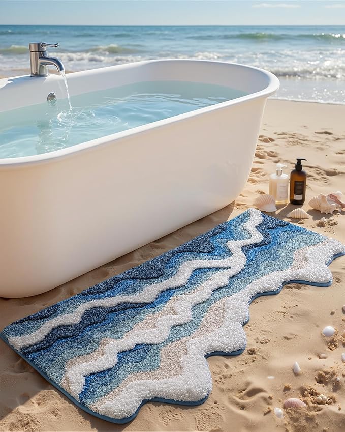 DEXI Cute Bath Mat, Sea Ocean Wave Bathroom Rugs, 34x21 Blue | Soft and Absorbent Microfiber, Non Slip, Machine Washable Bathmat for Shower Floor, Bedroom, Kids Room, Home Decor