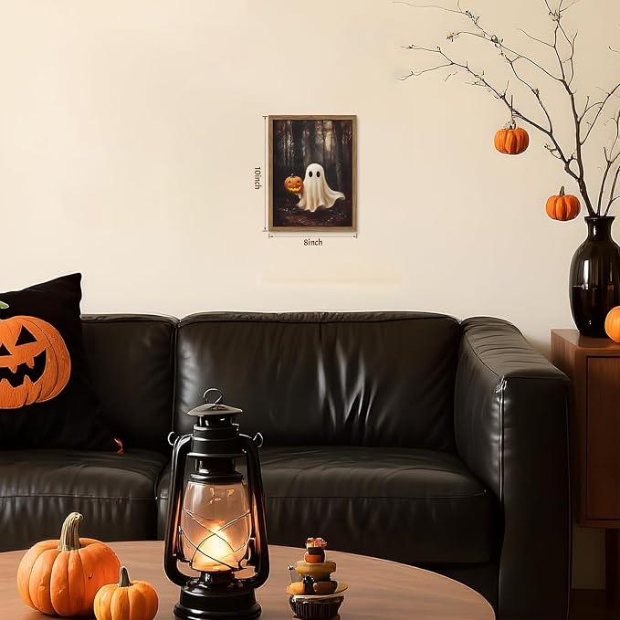 Vintage Halloween Ghost Wall Art, Gothic Cute Ghost Pumpkin Canvas Wall Decor Paintings, Dark Academia Spooky Fall Forest Prints Pictures for Living Room Bedroom 8x10 Inch Framed