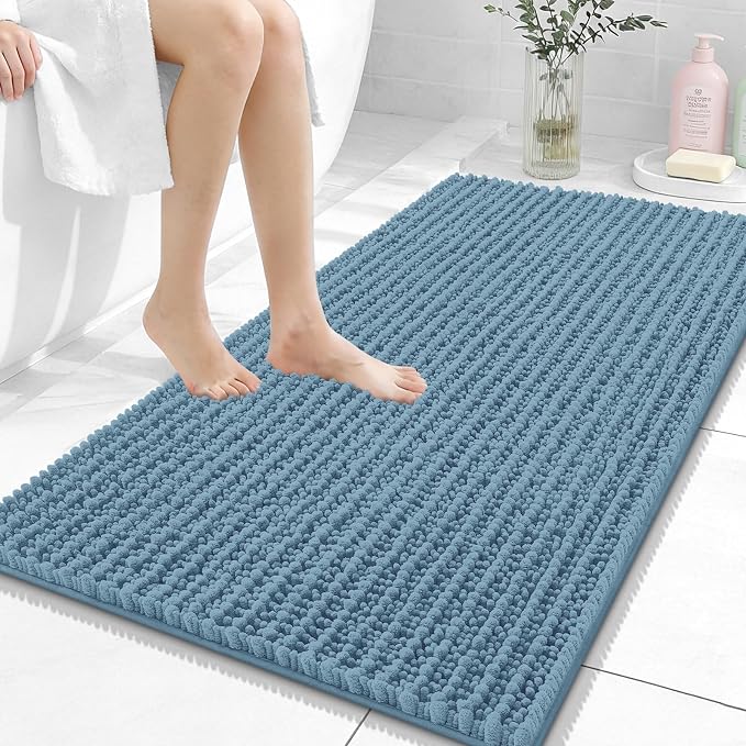 OLANLY Bathroom Rugs 44x24, Thick Soft Absorbent Chenille Bath Rugs | Airy Blue, Shaggy Bath Mat with Quick-Drying Rubber Backing, Washable for Floor, Tub and Shower, Home Decor Accessories