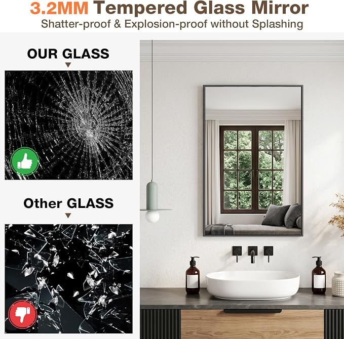 24"x36" Matte Black Rectangle Vanity Bathroom Mirror, Set of 2 | Aluminum Alloy Frame, Clear Reflection, Rust-Resistant, Vertical or Horizontal, Wall Mount, Bedroom and Entryway