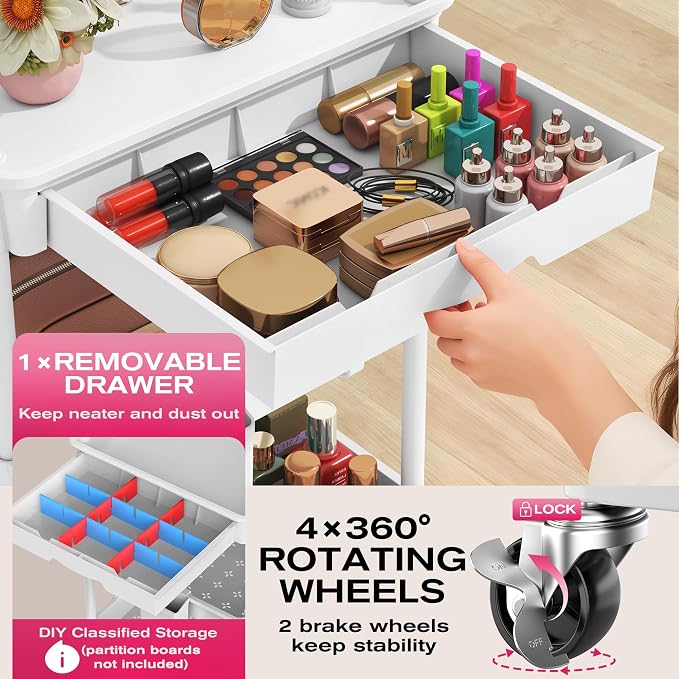 Goovilla Rolling Makeup Organizer Cart with Removable Drawer, 4 Tier White | Stable Floor Skincare Storage Cart for Vanity, Cosmetic Display, Nail Polish, Perfume, Hair Stuff, Beauty, Bathroom(Plastic)
