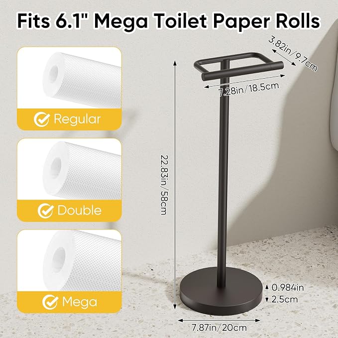 Matte Black Freestanding Toilet Paper Holder Stand Free Standing | SUS 304 Stainless Steel Tissue Rack with Pivoting Arm & Weighted Base for Bathroom