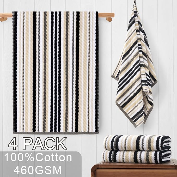 VOOVA & MOVAS Bath Towels 4 Pack, 100% Cotton, 28x52 in, Black Striped | Perfect for Daily Shower Use, Lightweight, Super Soft, Highly Absorbent, Quick Dry, Bath Towels with Hanging Loops