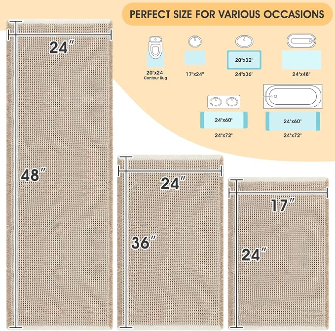 Waffle Bath Mat Set 3 Piece Brown & Cream,Woven Modern Bath Rug Mats, Absorbent Non Slip Bath Floor Mat, Soft Washable Boho Bath Rugs with Tassels for Bathroom, Bedroom, Kitchen, Tub
