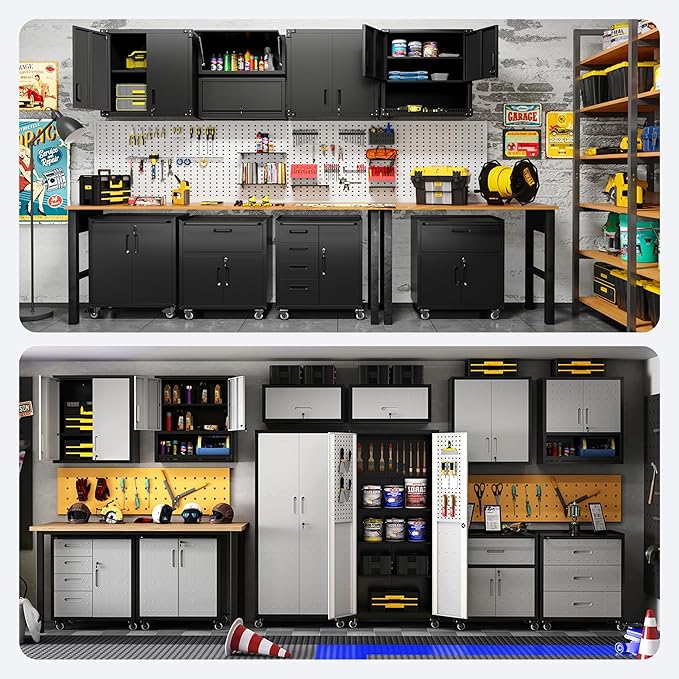 Garage Storage Cabinet System,Wall Cabinet & Locking Rolling Tool Cabinet with Doors and Adjustable Shelves