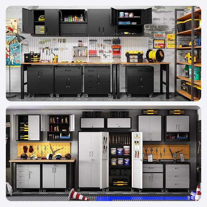 Garage Storage Cabinet System,Wall Cabinet & Locking Rolling Tool Cabinet with Doors and Adjustable Shelves