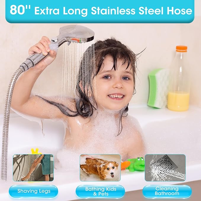 High Pressure Filtered Handheld Shower Head with Hose, Chrome | 80" Long Stainless Steel Hose, ON/OFF Switch for Pets Bath, Filter Beads for Hard Water, Remove Chlorine & Reduce Dry Skin