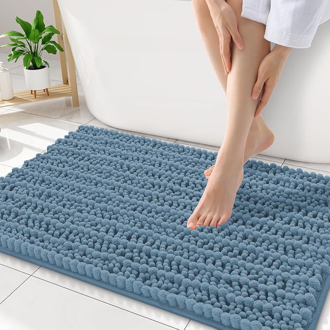 Smiry Bathroom Rugs 32X20, Extra Soft Rubber Backing Chenille Bath Mats | Grayish Blue Machine Washable Non Slip Quick Dry Bath Mats for Bathroom Floor, Tub, Shower, Home Decor Accessories