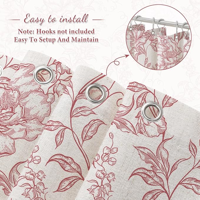 Pink Boho Linen Shower Curtain, Farmhouse Floral for Bathroom | Botanical floral print. Rustic farmhouse boho decor. Durable linen blend fabric. Machine washable for easy care. 36x72