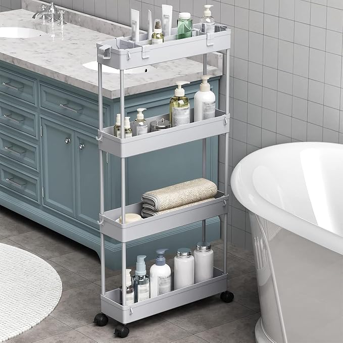 2-piece Set Slim Storage Cart 3 Tier,Bathroom Organizer Rolling Utility,Mobile Shelving Unit Slide Out for Office, Kitchen, Laundry Room & Narrow Places