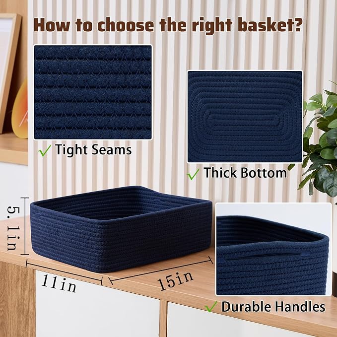 MiniArk Large Shallow Organizing Baskets 15x11x5.1 Inches - Rope Woven Storage Bins for Bathroom, Shelves, Cube Closet, Navy Blue 2 Packs
