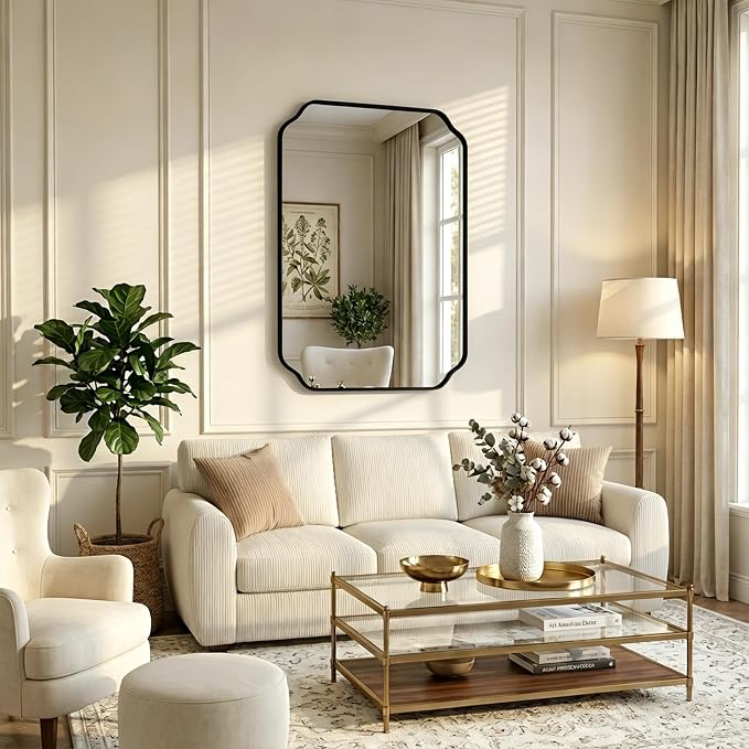 36"x24" Black Wall Bathroom Mirror, Scalloped Edge Vanity Mirror | Hangs Vertically/Horizontally, Wooden Frame Decorative Mirror, For Vanity, Bedroom & Entryway, Aesthetic Bathroom Decor