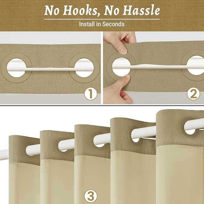 WONICY No Hook Shower Curtain with Snap-in Liner, Khaki, 71 x 74 Inch | Ringless, Waterproof & Washable, Hotel Style, Mesh Top Window, Bottom Magnets, Thick, Farmhouse, for Bathroom