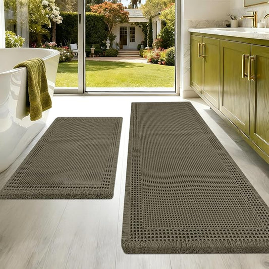 Upgraded Waffle Bath Mat Set 2 Piece Greyish Green-Bordered, Super Absorbent Non-Slip Quick Dry Bathroom Rugs with Tassels, Machine Washable Ultra Soft Boho Bath Rugs, Toilet Mats Boho Farmhouse Decor