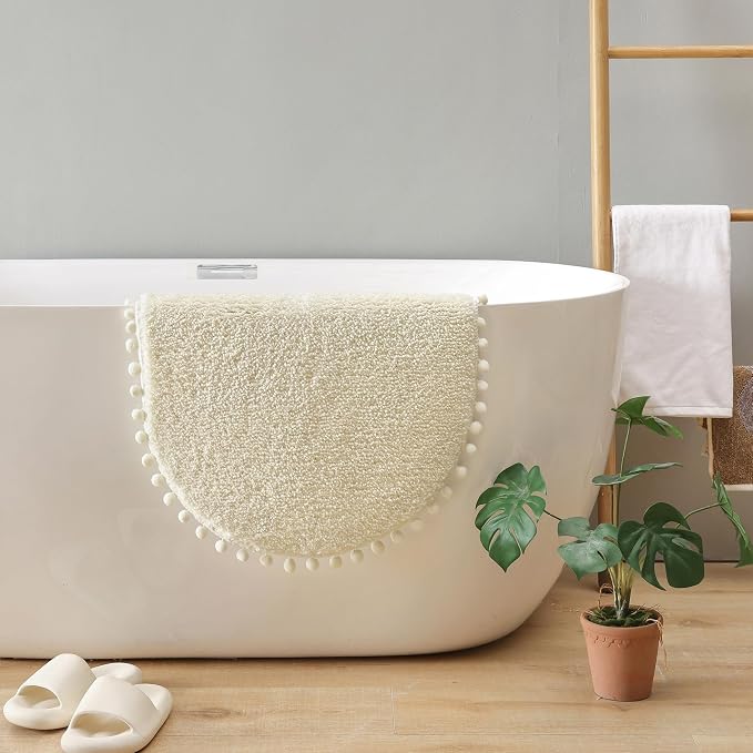 YIRDDEO Oval Rug for Bathroom, Cute Boho Bath Mat with Pom, Cream White | Soft Plush, Absorbent, Quick Dry, Machine Washable, Non Slip Bath Mat for Bathroom Shower Floor Home Decor