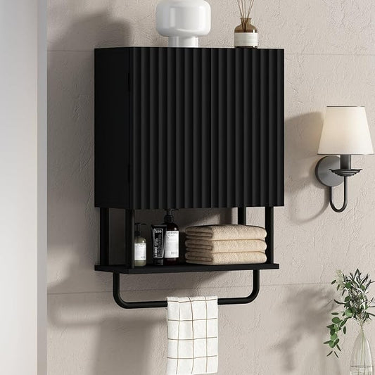RUSTOWN Fluted Bathroom Wall Cabinet with 2 Doors, 3-Tier Medicine Cabinet | Modern Farmhouse Wall Mounted Cabinets, Over The Toilet Storage Cabinet, Adjustable Shelf and Towel Bar, Small