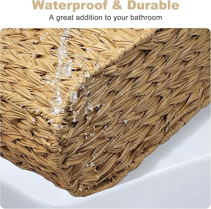 Toilet Paper Storage Basket with Lid, Narrow Bathroom Organizer for 6 Mega Rolls, Waterproof Wicker Look Plastic Basket with Handles, Toilet Tank Top Holder, Farmhouse Bathroom Storage Bin (Linen)