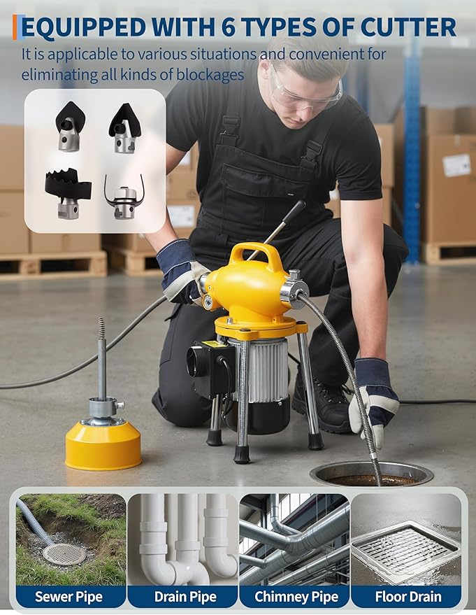 500W 400 RPM Auto Feed Electric Drain Cleaner Machine | Portable Drain Cleaning Auger Sewer Snake with 66 ft x 5/8" & 16 ft x 3/5" Steel Cables & 6 Cutters, for 1.6"-4" Pipes