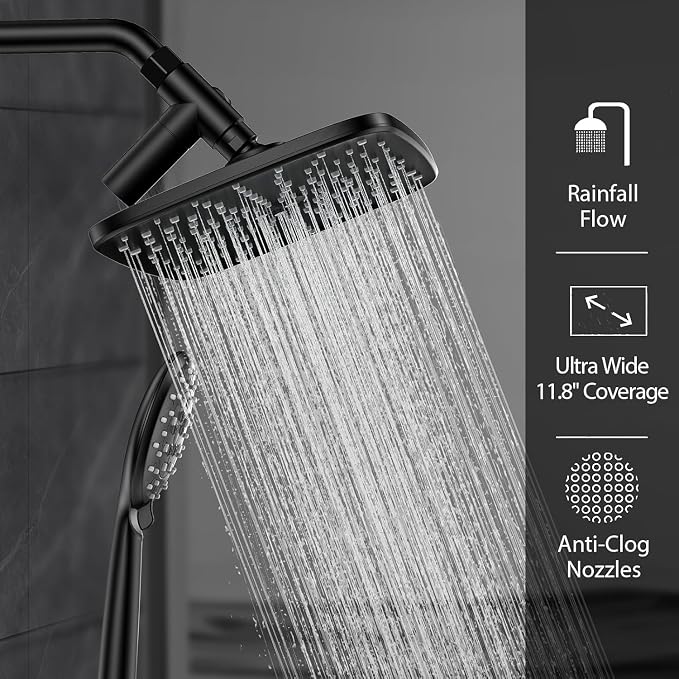 Veken 11.8“ Rain Shower Head with Handheld,Dual High Pressure Shower Heads | Easy Pause,5-mode Hand Held Spray with Hose,Wide Detachable Rainfall,Dual Showerhead Combo,Bathroom Accessories,Decor,Chrome