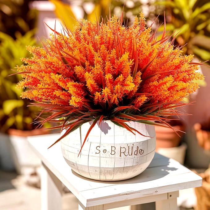 Geegoods 48 Bundles Artificial Fall Lavender Flowers Outdoor, Autumn-Orange | UV Resistant Plastic Faux Plants with Monkey Grass;Use for Garden Porch Patio Hanging Planter Home Decor