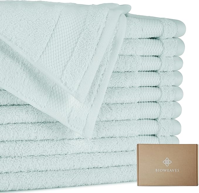 100% Organic Cotton 700 GSM Plush Washcloths 13" x 13" GOTS Certified - Seafoam, Pack of 12