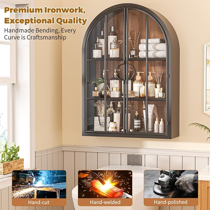 Arched Wall Cabinet with Glass Door, NO Assembly, Metal Wooden | Metal Frame, 12MM Wooden Shelves, Handcrafted Arched Design, 40-lb per Tier, 5MM Tempered Glass, for Bathroom Wall Medicine