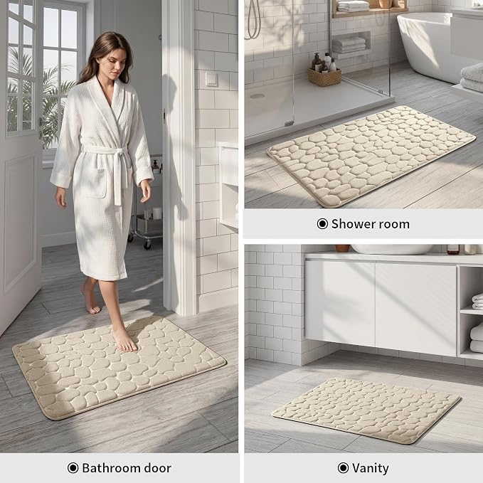 Memory Foam Bath Mat Cobblestone Bathroom Rugs Super Water Absorbent Bath Mats for Bathroom Machine Washable Bath Rugs(24 x 36,Khaki)