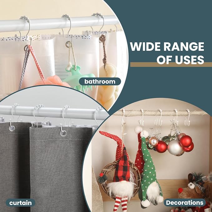 Shower Curtain Hooks, OEH Shower Curtain Rings, White Shower Curtain Hooks Rust Proof, Smooth Gliding Metal Shower Curtain Rings Rust Proof, Double Shower Rings for Curtain, 12 Pcs, White