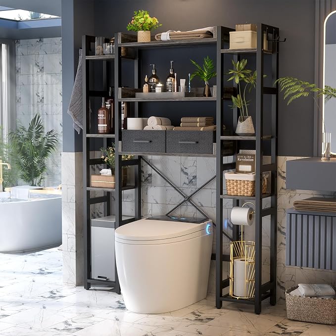 Besiost Over The Toilet Storage, 11 Tier Bathroom Organizer with Dual Side Racks and 2 Fabric Drawers, Adjustable Freestanding Rack Space Saver for Small Spaces, Grey Oak