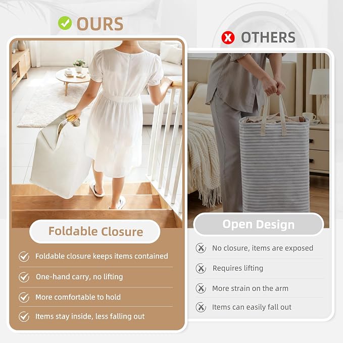 STORAGE MANIAC 3-Pack Large Laundry Hamper, 100L (26.4 Gal) Collapsible Laundry Basket with Bamboo Handles, Freestanding Waterproof Clothes Hamper for Laundry Room, Bedroom, Dorm, Towels, White