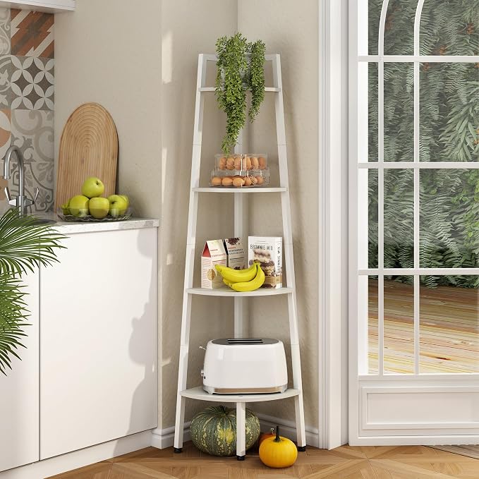 Hoctieon Corner Shelf, 4-Tier Corner Bookshelf, Rustic Corner Ladder Shelf, Industrial Display Shelf for Living Room, Kitchen, Home Office, Balcony, Small Space, Metal Frame, White