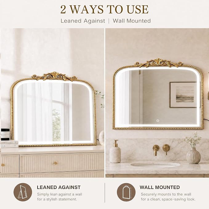33x26 LED Mirror with Lights Gold Arched Bathroom Vanity Mirror | Gold arched LED bathroom mirror with lights, 33x26 inch wall mirror, touch control vanity mirror for bathroom, home decor