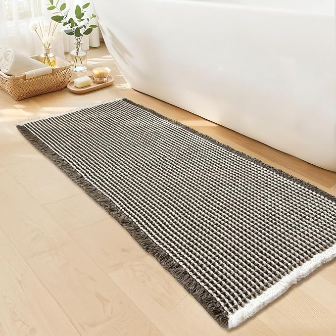 Waffle Bath Mat, Boho Bathroom Rugs Non Slip Washable, 24" x 48" | Super Absorbent Quick Dry Bath Mat, Boho Bathroom Mats, Soft Waffle Weave Farmhouse Bathroom Decor, Olive Green & White